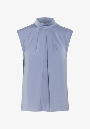 Kätketev sinine topp kergetest kangast, kõrge kaelusega, ees volditud ja lõtv siluett. Sile tekstuur ja elegantne disain.
