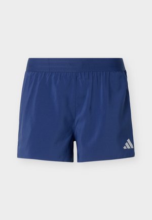 Blue athletic shorts with elastic waistband and small white Adidas logo on lower right leg.