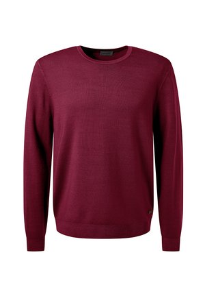 Burgundy crew-neck sweater made from a smooth knit fabric with long sleeves and a ribbed hem. Features a small brand tag on the side.