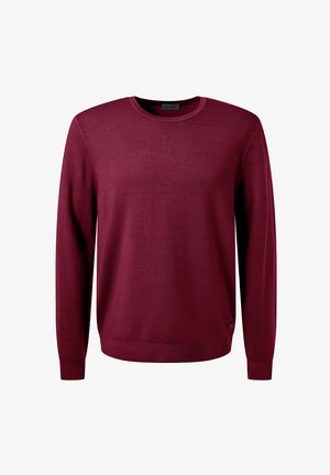 Burgundy crew-neck sweater made from a smooth knit fabric with long sleeves and a ribbed hem. Features a small brand tag on the side.