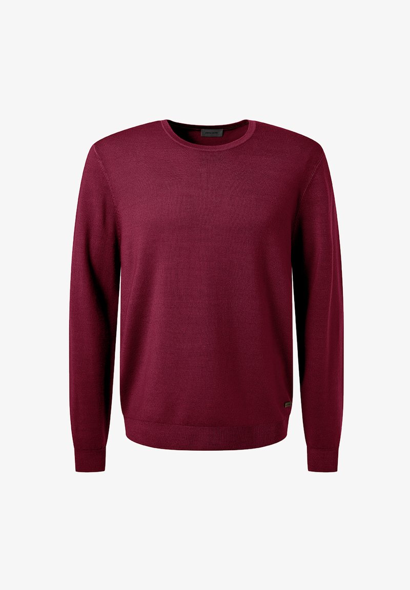 Burgunderfarbener Rundhalsausschnitt-Pullover aus glattem Strickstoff mit langen Ärmeln und geripptem Saum. Verfügt über ein kleines Markenetikett an der Seite.