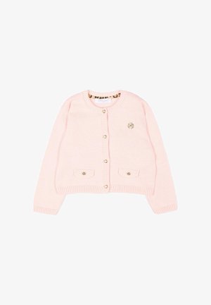 Lichtroze cropped cardigan met gouden knopen, twee voorzakken, geribbelde randen en een klein gouden embleem op de linkerborst.