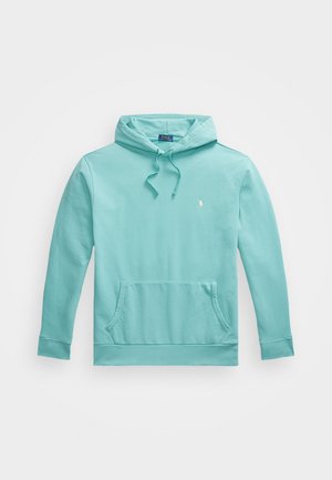 Ljus turkos hoodie gjord av mjukt bomull. Har en framficka i kengurustil, dragsko i huvan, och en liten broderad logga på bröstet.