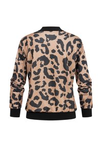 Beige-schwarze Langarmjacke mit Leopardenmuster, schwarzem geripptem Kragen, Bündchen und Bund, Rückansicht.