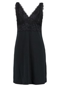 Svart nattlinne med spetstopp, V-ringning, mjukt tyg och sidovolanger för ökad rörelsefrihet.