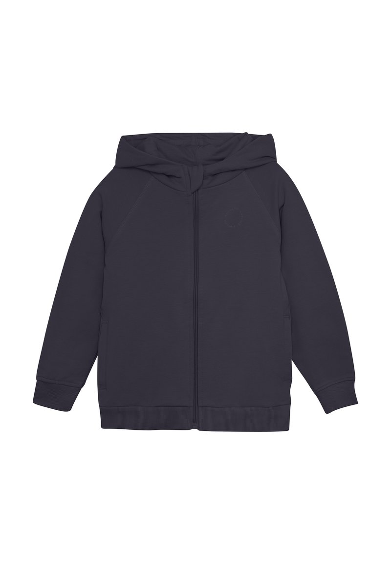 Tmavě modrá mikina s kapucí na zip z bavlněného směsového materiálu, s podšívkou v kapuci, žebrovanými manžetami a postranními kapsami. Minimalistický design bez viditelných log.