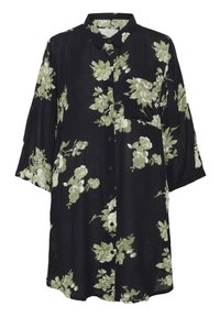 Sort skjortekjole med grønt blomsterprint, knappelukning foran og korte ærmer. Fremstillet af let stof med en afslappet pasform.