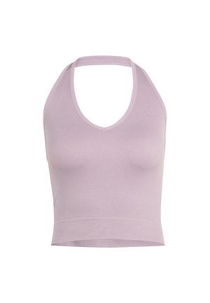 Levandulová sportovní podprsenka z žebrované látky, se hlubokým výstřihem do V, halter ramínky a krátkým lemem s jemným logem.