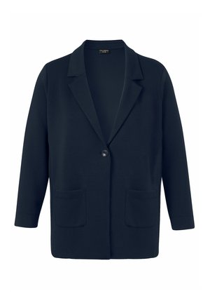 Marineblauer Ein-Knopf-Blazer mit Reverskragen, langen Ärmeln und zwei aufgesetzten Fronttaschen, dargestellt vor weißem Hintergrund.