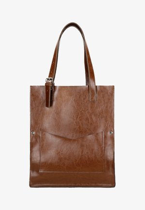 Braune Leder-Umhängetasche mit flachem Design, robusten Trägern und einer Fronttasche. Ausgestattet mit Nähdetails und Metallnieten als Akzente.