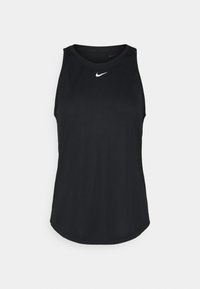 Zwart mouwloos atletisch tanktopje gemaakt van een glad, lichtgewicht stof. Heeft een ronde hals en een discreet wit Nike-logo op de borst.