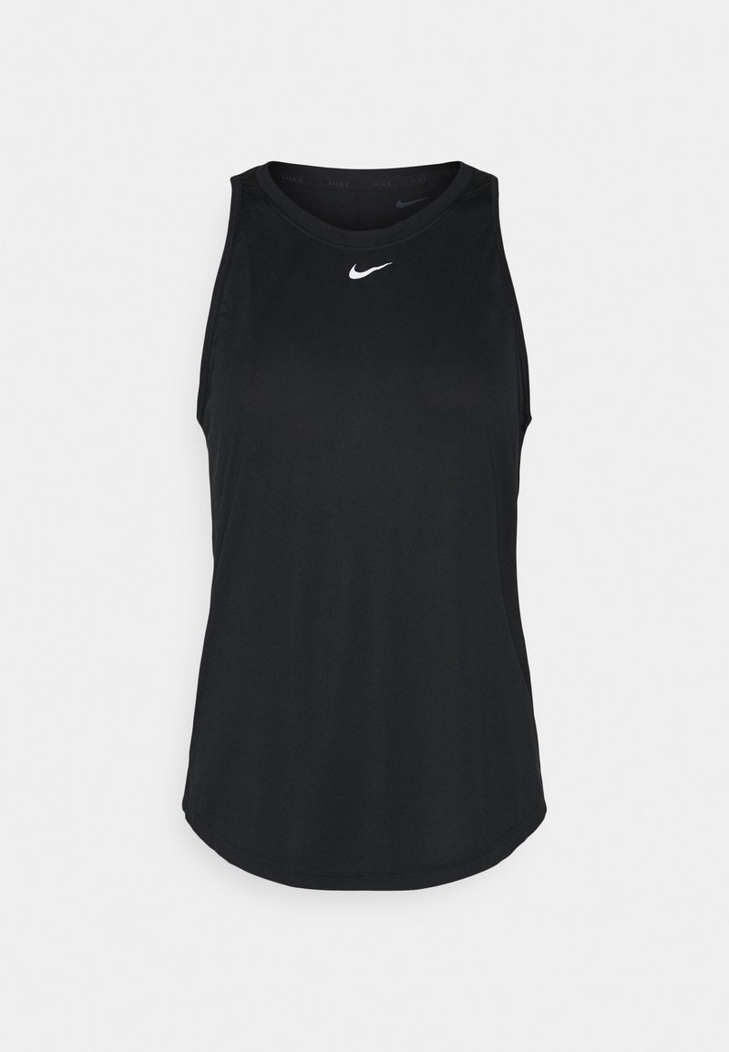 Zwart mouwloos atletisch tanktopje gemaakt van een glad, lichtgewicht stof. Heeft een ronde hals en een discreet wit Nike-logo op de borst.