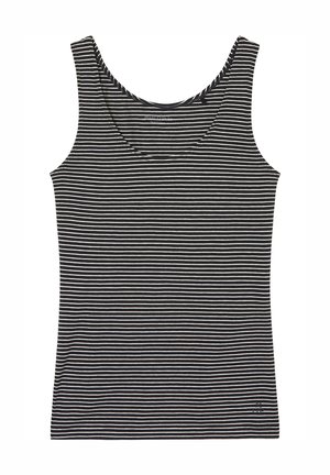Débardeur à rayures noires et blanches avec col rond, en tissu doux, doté de fines bretelles et d'une coupe ajustée.