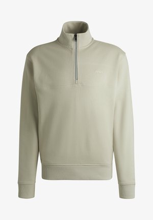 Light beige zip-neck sweatshirt, made of textured fabric, with ribbed cuffs and hem, featuring a small logo on the chest.