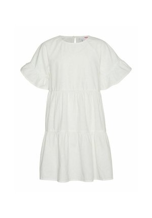 Vestido de algodón blanco con mangas cortas con volantes, escote redondo y un diseño en capas. Cuenta con un cierre de botones en la parte posterior.