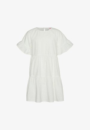 Weißes Baumwollkleid mit kurzen Rüschenärmeln, rundem Ausschnitt und gestuftem Design. Mit einem Knopfverschluss hinten.