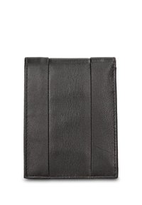 Zwarte leren portemonnee met een gestructureerd oppervlak, voorzien van verticale stiksel details en een eenvoudig, minimalistisch ontwerp.