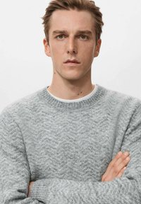 Maglione in maglia grigia con motivo a spina di pesce, scollo rotondo e polsini a coste, indossato sopra una camicia interna bianca.