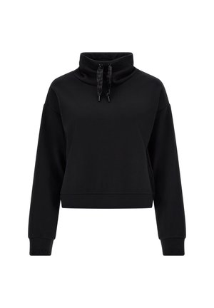 Sort langærmet pullover-sweatshirt med høj krave og snøre, ribstrikkede manchetter og lige kant.