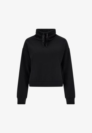 Sweat-shirt pullover noir à manches longues avec col montant et cordon de serrage, poignets côtelés et ourlet droit.