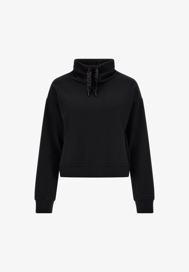 Sweat-shirt pullover noir à manches longues avec col montant et cordon de serrage, poignets côtelés et ourlet droit.