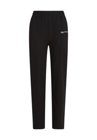 Pantaloni neri con vita elasticizzata, gamba dritta e logo bianco "Karl Lagerfeld Jeans" sulla coscia sinistra.