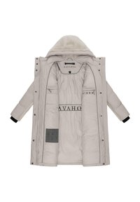 Lichtgrijze hoodie met een met bont gevoerde kap, ritszakken en zwarte manchetten. Het interieur heeft een label en iconen op een gladde textuur.
