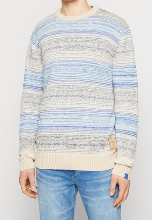 Person wearing a blue, white, and beige striped knit sweater with ribbed cuffs and hem, paired with light blue jeans.