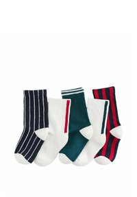 Quattro paia di calzini di cotone: righe blu navy e bianche, verdi con una striscia bianca, bianchi uniti e rossi con righe blu navy.