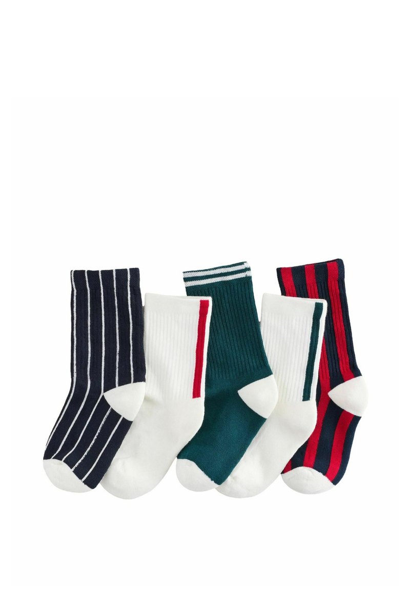 Quattro paia di calzini di cotone: righe blu navy e bianche, verdi con una striscia bianca, bianchi uniti e rossi con righe blu navy.