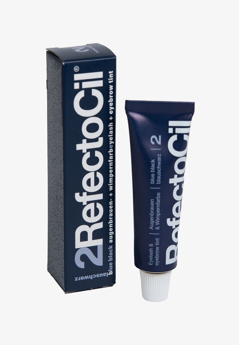 RefectoCil blauw-zwart wimper- en wenkbrauwtint in een blauw-witte tube. De doos heeft vet witte letters op een donkerblauwe achtergrond.