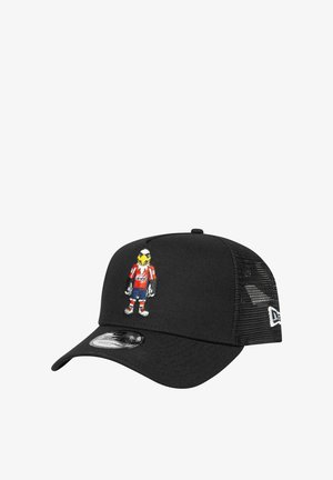 Black cap with mesh back, featuring a colorful embroidered mascot in a red jersey, depicted with yellow, blue, and white accents.