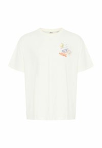 Hvid bomulds T-shirt med korte ærmer og en afslappet pasform. Har et grafisk design på venstre brystområde med farver som gul og blå.
