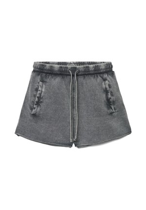 Graue Freizeithosen mit elastischem Bund und Kordelzug, ausgestattet mit Fronttaschen und einer leicht abgenutzten Textur.