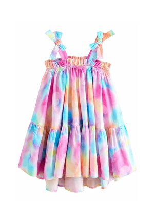 Haljina bez rukava s pastelnim tie-dye uzorkom u ružičastoj, plavoj i žutoj boji, s nabranim tijelom i volanastom suknjom. Trake ukrašavaju naramenice.