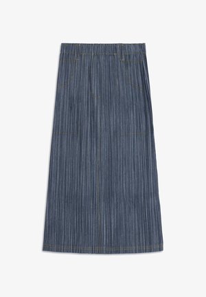 Jeansrok met verticale strepen, voorzien van een elastische tailleband en twee voorkruiszakken. Kleur is donkerblauw met gele stikselaccenten.