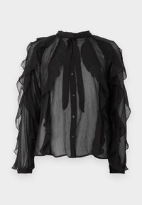 Svart chiffonbluse med volanger foran og på ermene, med knyting i halsen og knappelukking foran.