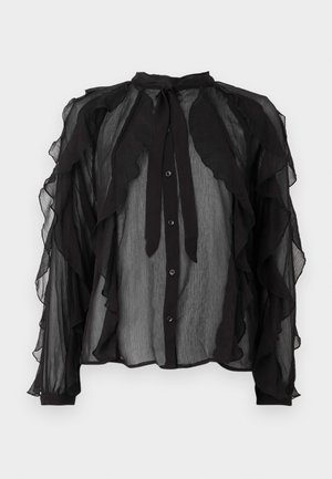 Svart chiffonbluse med volanger foran og på ermene, med knyting i halsen og knappelukking foran.