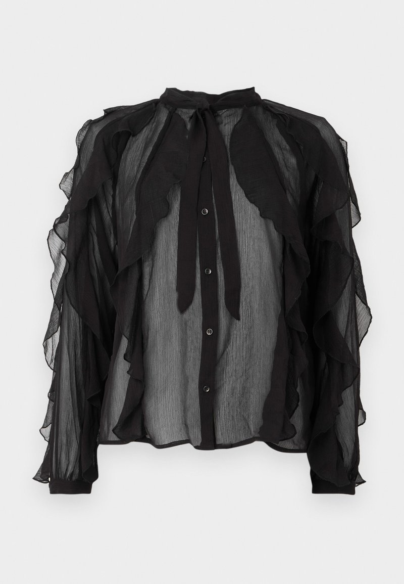 Blouse en chiffon noir avec des détails froncés sur le devant et les manches, un col à nouer et des boutons sur le devant.