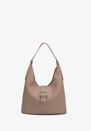 Borsa in pelle taupe con una singola tracolla superiore, dettaglio con fibbia frontale e morbida texture granulosa.