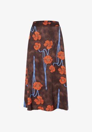 Jupe marron avec un motif floral comportant des coquelicots rouges et des vignes bleues, fabriquée en tissu doux avec une taille élastique et une silhouette fluide.