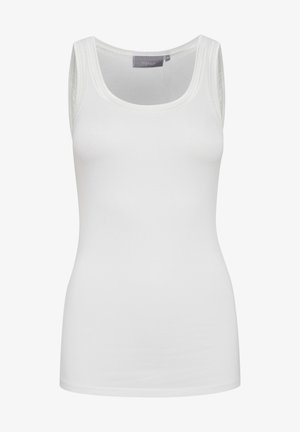 White tank top made of soft, stretchy fabric with a round neckline and narrow straps. Features a smooth texture and fitted design.