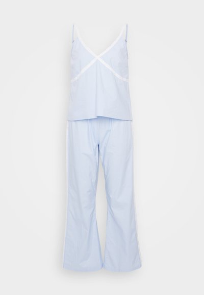 Light blue pajamas set with a sleeveless top featuring lace trim and wide-leg pants. Smooth texture and relaxed fit.