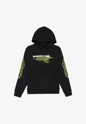 Zwarte capuchontrui met neon gele vlamgraphics op de mouwen en een gedurfd "DC SHOES CO USA" logo met vlammen over de borst.