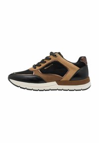 Chaussure de sport noire et beige avec une tige texturée, des accents en cuir lisse, un bout rond et une semelle en caoutchouc contrastante. Présente des lacets ronds et un détail de logo.