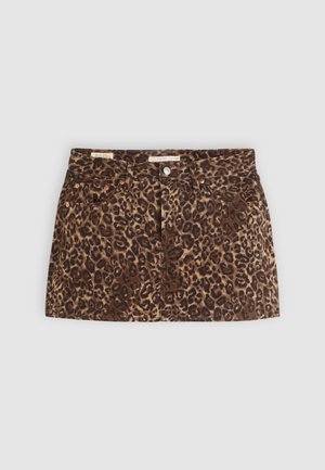 Leopard print denim skirt with a button front, five pockets, and a faded brown background. Features orange stitching and textured fabric.