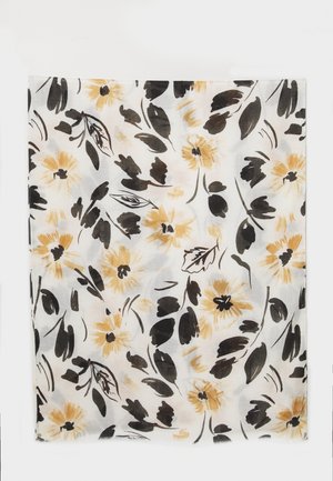 Sciarpa floreale con fiori gialli e neri su sfondo bianco, con delicate foglie e una texture morbida e leggera.