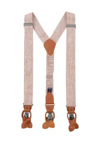 Helle rosa Stoffträger mit braunen Lederdetails, Metallclips und einem gerafften Abschnitt in der Mitte für eine verstellbare Passform.