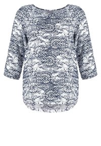 Navy and white patterned top with a round neckline and three-quarter sleeves, featuring a floral design and a relaxed fit.