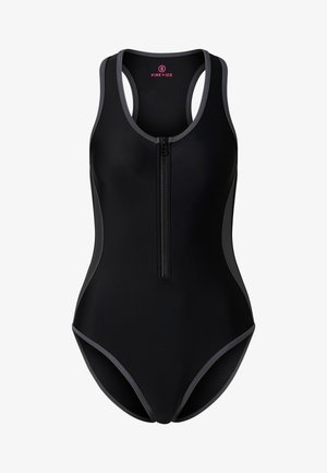 Maillot de bain une pièce noir avec fermeture éclair à l'avant, dos nageur et bordure grise, avec le logo "FIRE + ICE" à l'intérieur de l'encolure.